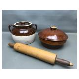 Antique Rolling Pin & Vtg Stoneware Casserole Dish