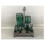 Emerald Green Glass Canisters & Metal Display