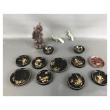 Vtg Japanese Lacquer Bowls & Wooden Chinese Figure