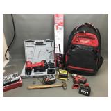12v Milwaukee drill, 24 piece ratchet kit, pump