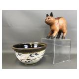 Vtg Hand-carved Wooden Cat + Pottery Decor