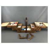 Vintage Wooden Accordian Sewing Box W Contents