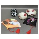 Vtg Japanese Ceramic Bowls & Hand-painted Folding