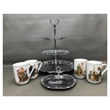 Vtg Hellerware 3 Tier Tidbit Tray & Rockwell Mugs