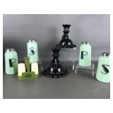 Vtg Black Glass Candle Holders & Salt + Pepper