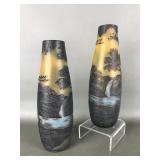 French Art Nouveau Cameo Glass Landscape Vases