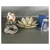 Paperweights, Candle Holder, And Cermic Dog