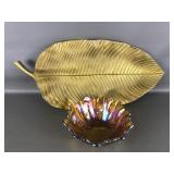 Gold-colored Leaf Tray And Flower Bowl