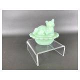 Mosser Jadeite Glass Cat On Nest Figurine