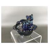 Vtg Mosser Carnival Glass Cat On Nest Salt Cellar