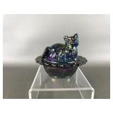 Vtg Mini Mosser Carnival Glass Cat On Nest Salt