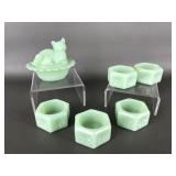 Mosser Jadeite Glass Cat On Nest And Salt Cellars