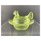 Vintage Uranium Mosser Glass Hen Salt Cellar