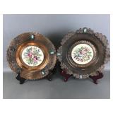 Vtg Hammered Copper Floral Needlepoint Wall Decor