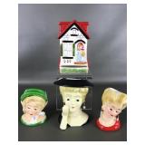 Vtg Reproduction Lady Head Vases & Match Holder