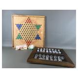 Vtg Wooden Chess Board W Crystal Pieces & Chinese