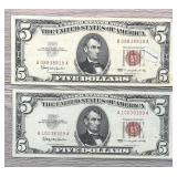 Lot Of (2) 1963 Red Seal $5 Dollar Bills