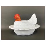 Vintage Milk Glass Hen On Nest W Orange Detail