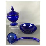 Vintage Cobalt Blue Glass Compote W Lid, Laddle &