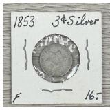 1853 III Cent Silver Coin US 3 Cent