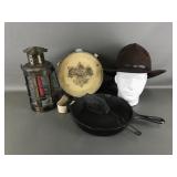 Canvas Wrapped Canteen, Cast Iron Skillet & Vtg
