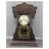 Antique Gingerbread Mantle Clock Gold Curtain