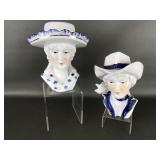 Vtg Blue White Porcelain Western Lady Head Vases
