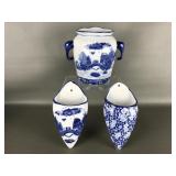Vtg Blue & White Porcelain Wall Pockets