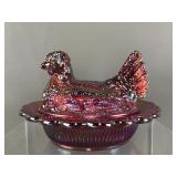 Vintage Red Carnival Glass Hen On Nest