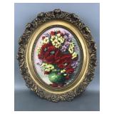 Vtg Oval Signed Floral Still Life In Ornate Frame