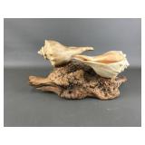 Mid-century Burl Wood And Shell Candle Sculpture