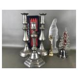 Vtg Pewter Candlesticks & Crystal Christmas