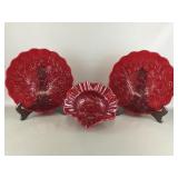 Cranberry Glass Good Luck Wavy Bowl & Plates