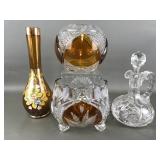 Vtg Bohemian Czech Amber Cut Crystal Bowl &