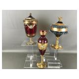 Vintage Teal And Gold Footed Lidded Glass Compote