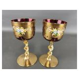 Vtg Hand-painted Murano Style Wine Glasses