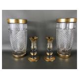 Vtg Mid-century Cut Crystal Vases With Gold Toned