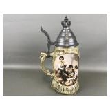 Vtg German Pewter Top Hand Painted Ceramic Beer