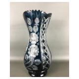Vtg Blue Cut-to-clear Crystal Vase