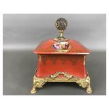 Vintage Red Porcelain & Brass Footed Box