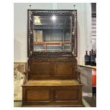 Walnut Hall Tree with Mirror, Brass Hooks, and Lift-Seat Storage Bench