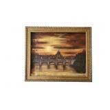 Vintage Oil Painting-European Bridge/City Skyline