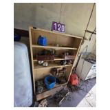 tan metal shelf and contents drill press