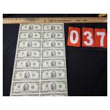 uncut sheet of $2 bills 16 of them on sheet