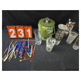 vintage bar shakers stir sticks and ice bucket