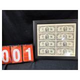 Uncut $2 bill sheet of 8 framed