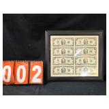 Uncut sheet $2 bills framed 8 bills
