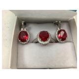 Silver Lab Created Ruby Halo Earrings/Ring