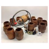 2 Wine Bottle Holders & 12 HandCarved Tiki Mugs