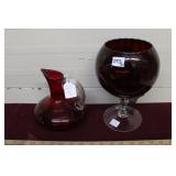 Blown Red Glass Pichure & Cranberry Footed Bowl